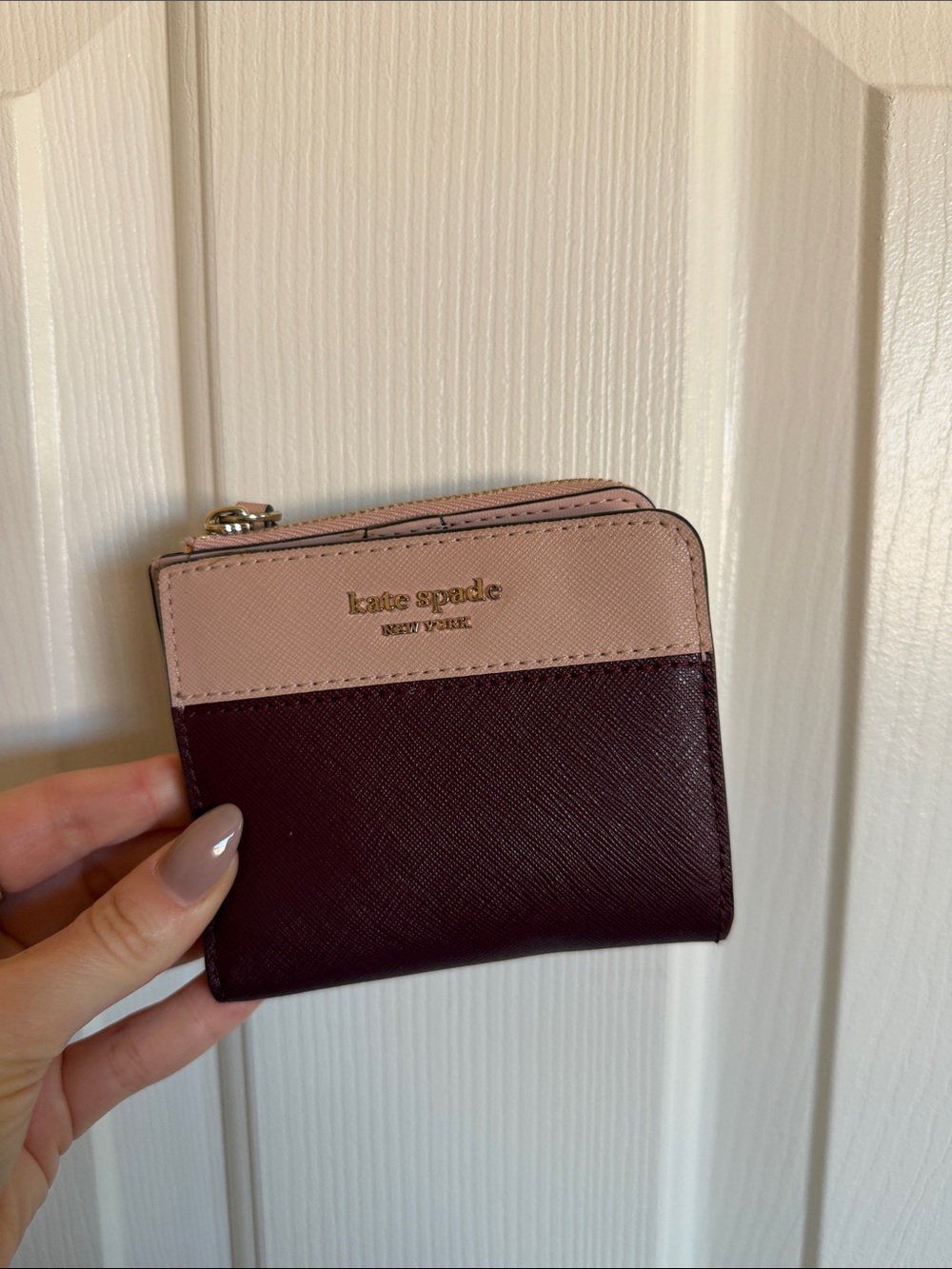 Kate Spade Two-Tone Pink and Burgundy Compact Zip Wallet